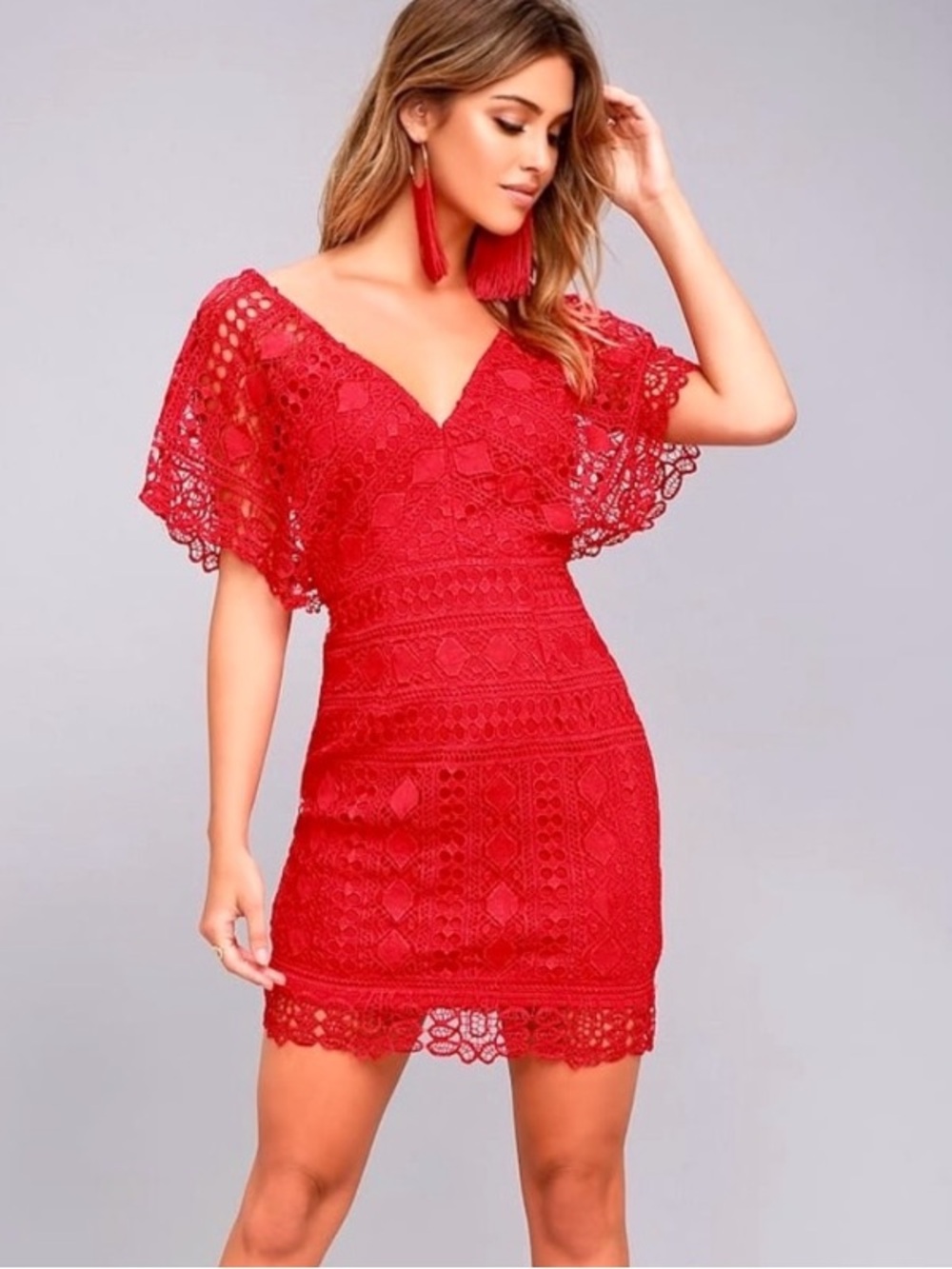 Lulus Red Crocheted Lace V-Neck Mini Dress